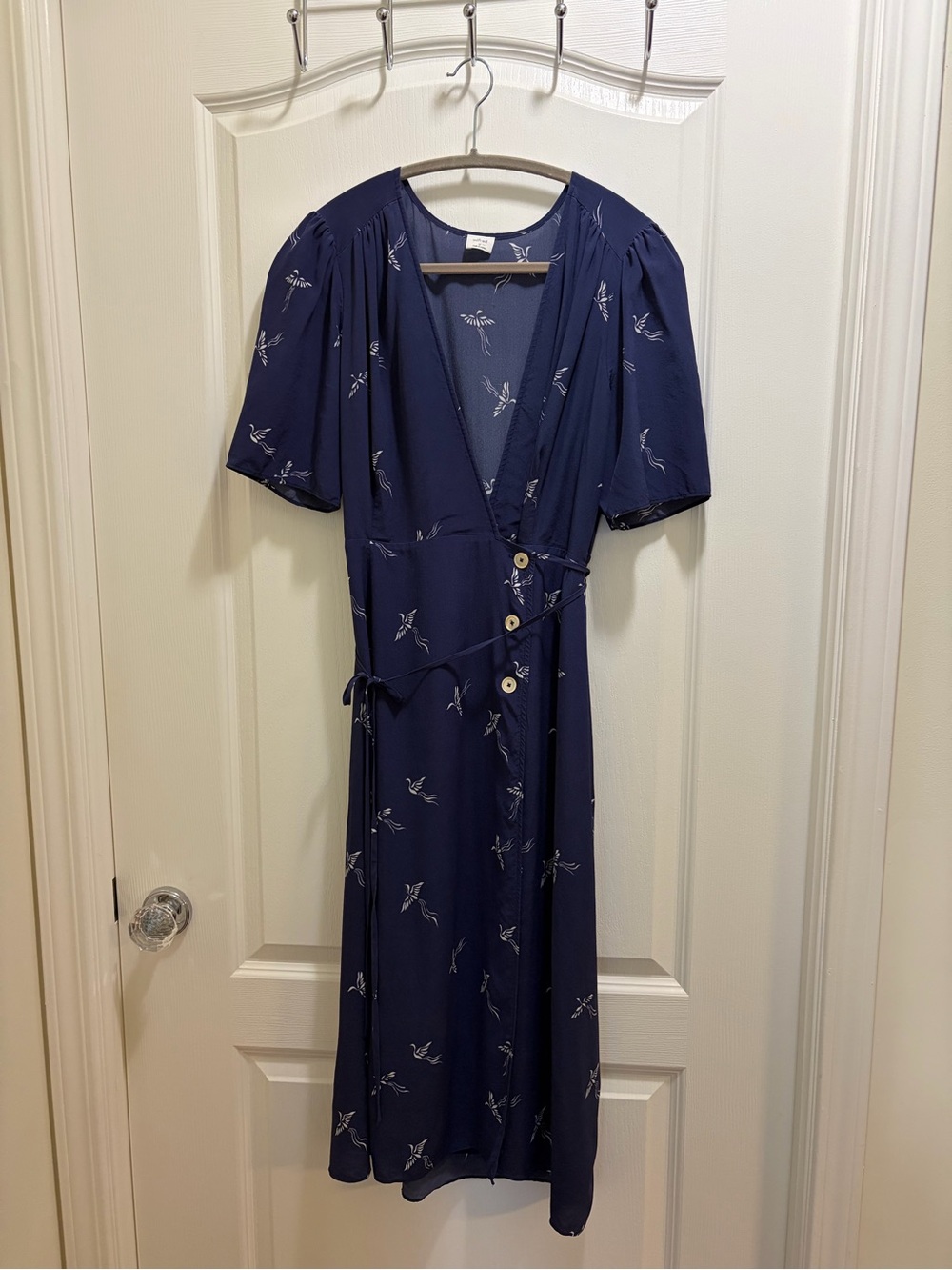 Wilfred Mirabelle Navy Midi Wrap Dress with Bird Print Vintage-Inspired - Picture 2 of 8